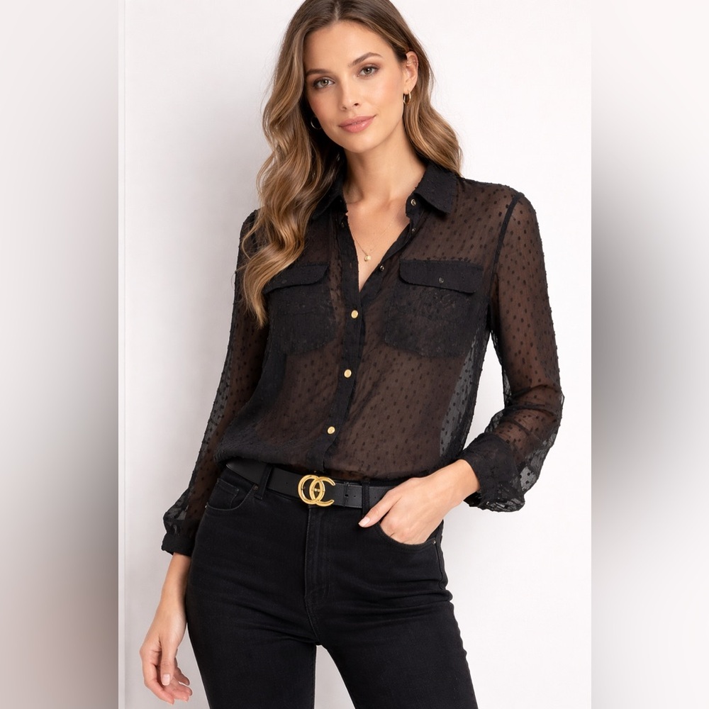Karl Lagerfeld Black Sheer Swiss Dot Blouse   Black Size Small